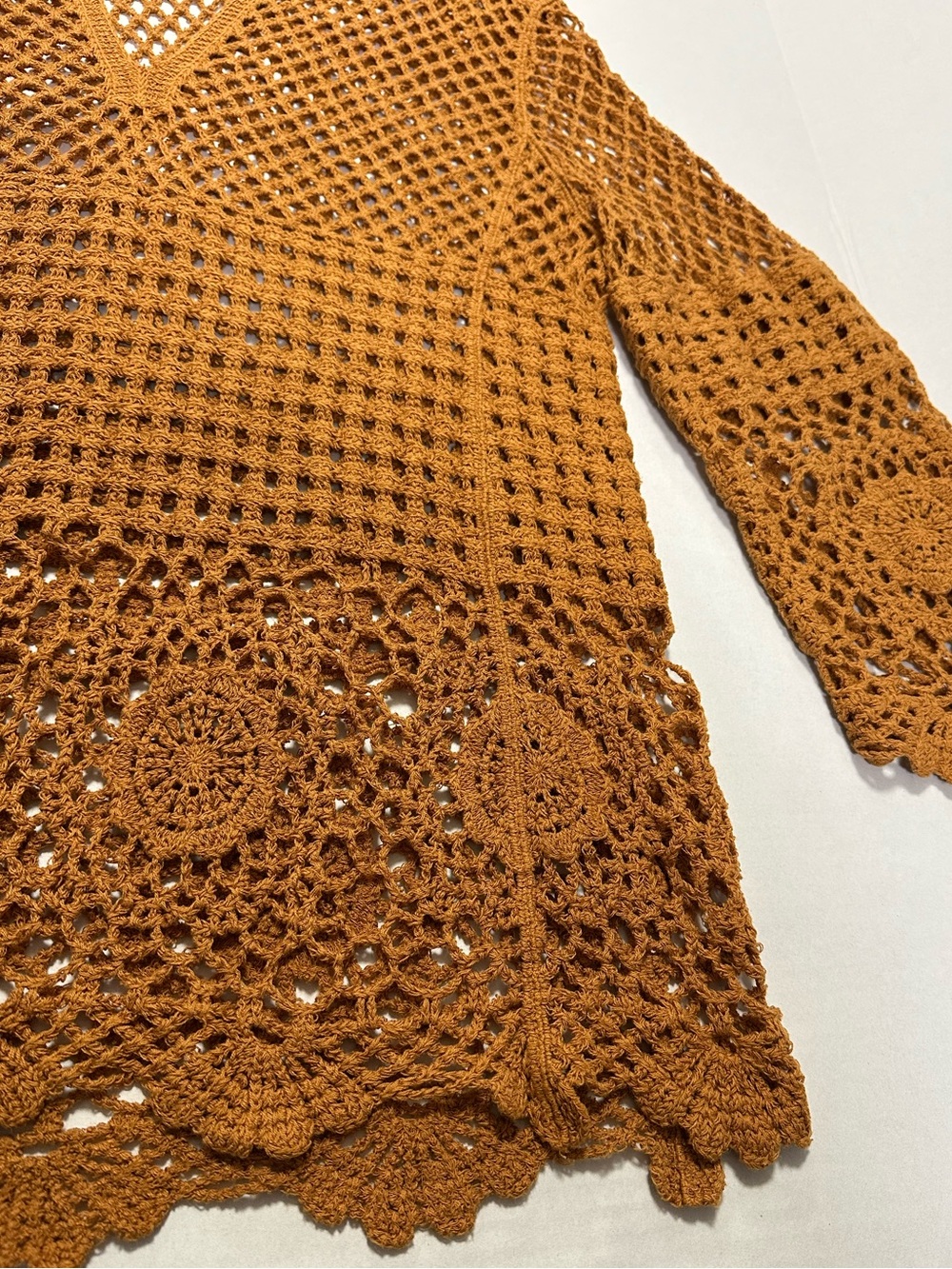 Brown Boho Crochet Top Women’s M Cotton Cover-Up Tunic Mini Dress Cottagecore - Picture 10 of 12